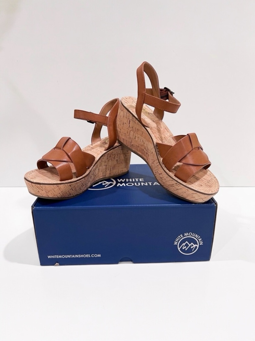 White Mountain Cork Platform Wedge Sandals Woven Upper Ankle Strap Brown 8 NEW